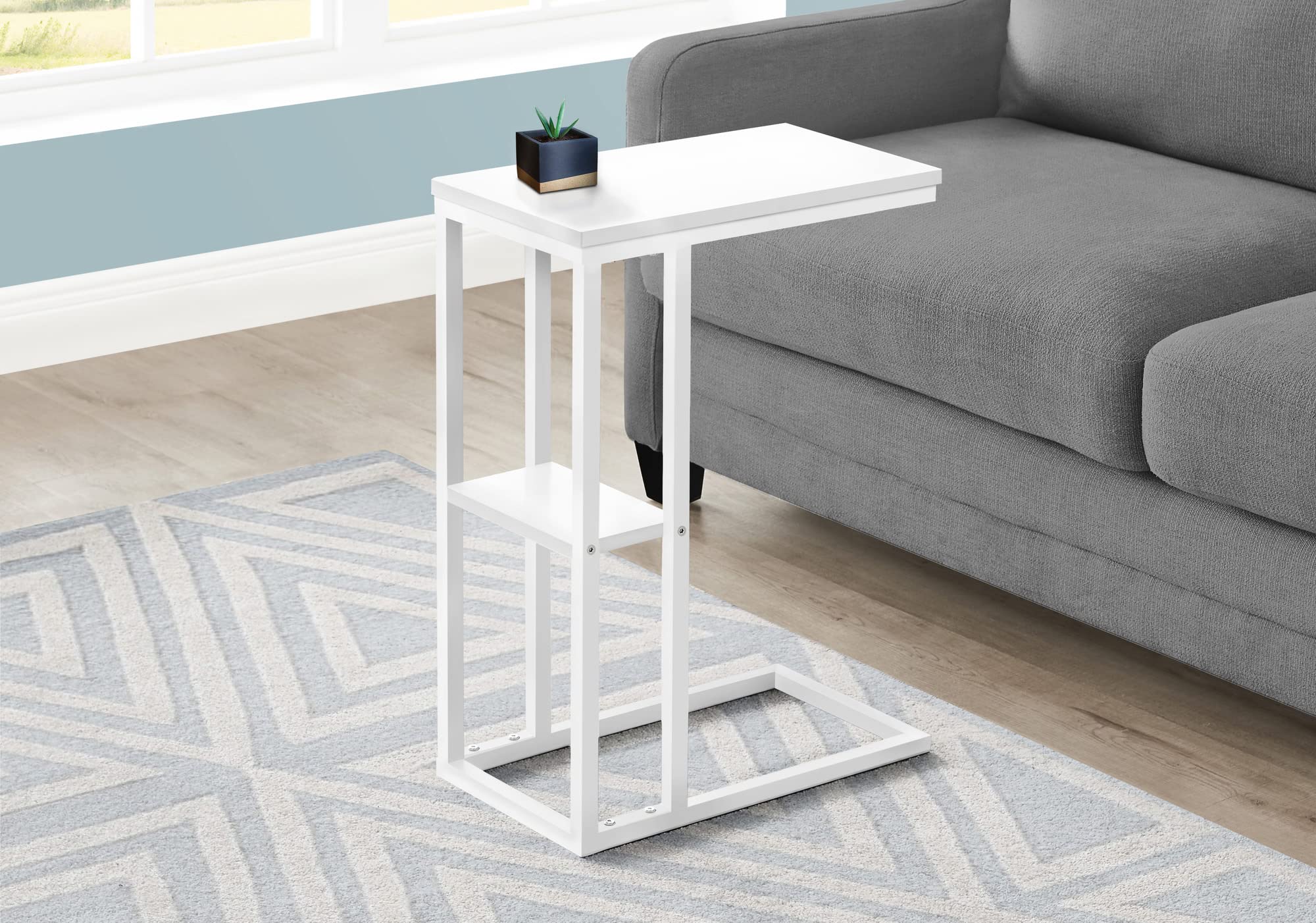 Monarch Specialties 3676 Accent Table, C-shaped, End, Side, Snack, Living Room, Bedroom, Metal, Laminate, Contemporary, Modern Table-25 H/White/White, 18.25" L x 10.25" W x 25.25" H